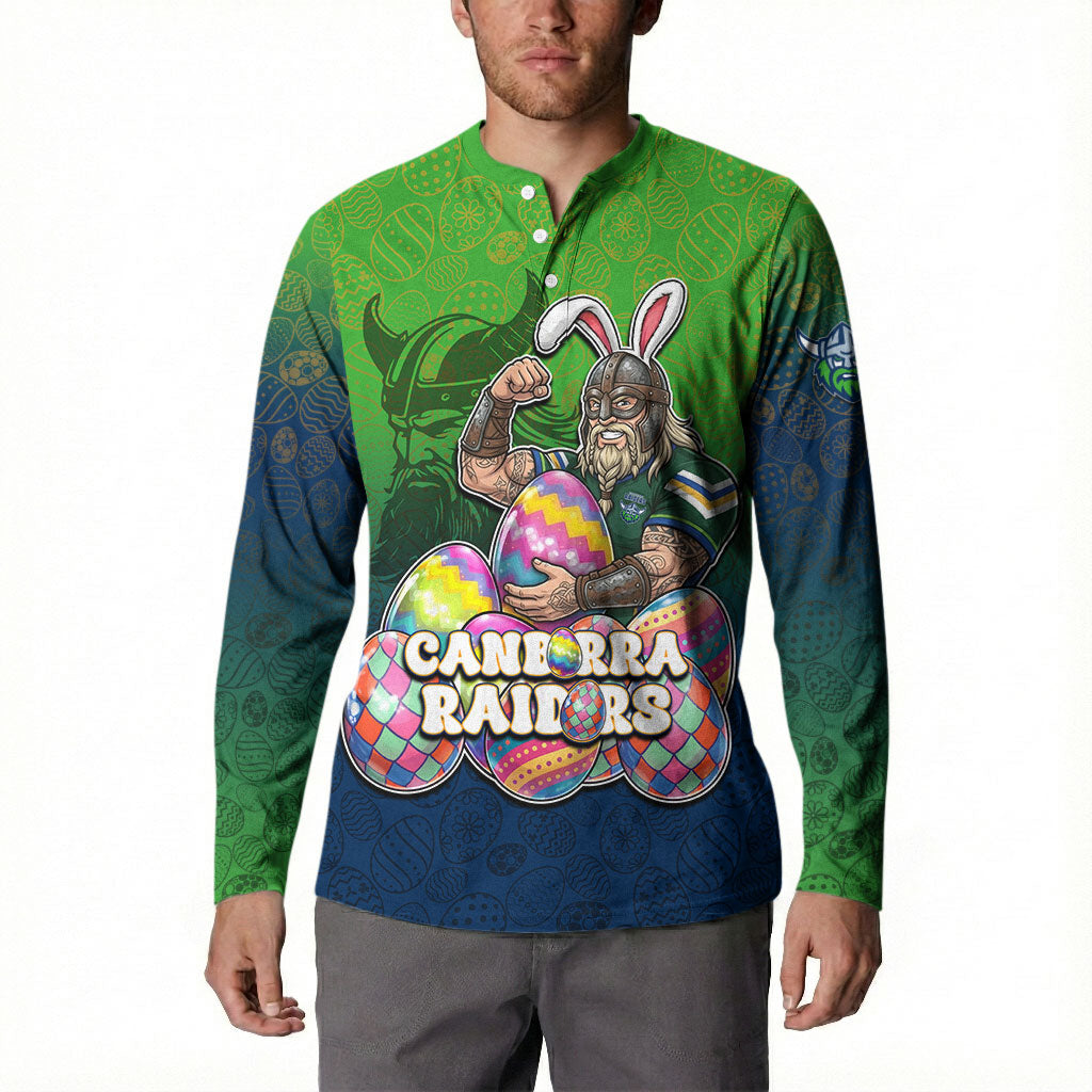 Personalized Canberra Raiders Button Sweatshirt Easter Mascot - Colorful Eggs Cartoon Style