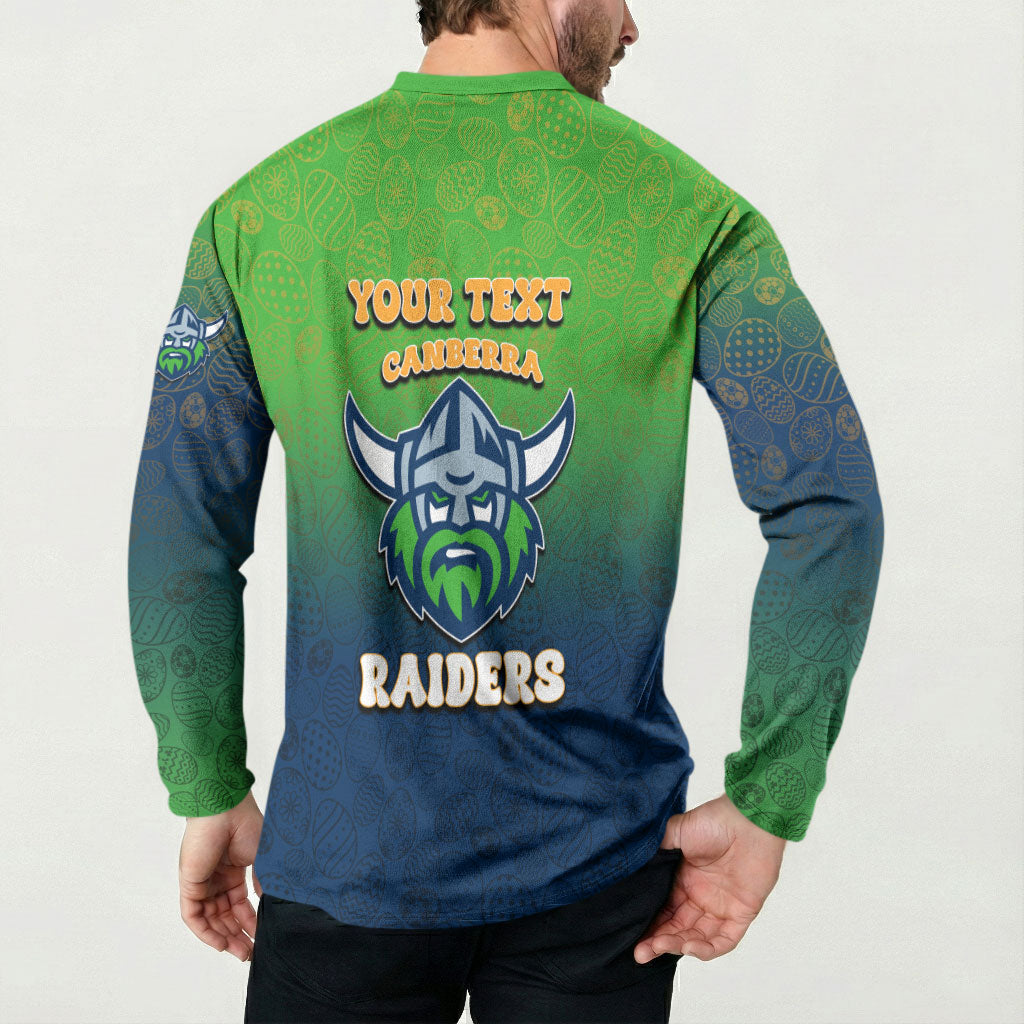 Personalized Canberra Raiders Button Sweatshirt Easter Mascot - Colorful Eggs Cartoon Style