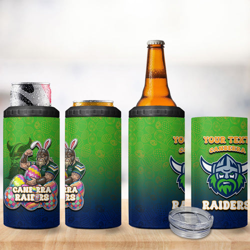 Personalized Canberra Raiders 4 in 1 Can Cooler Tumbler Easter Mascot - Colorful Eggs Cartoon Style