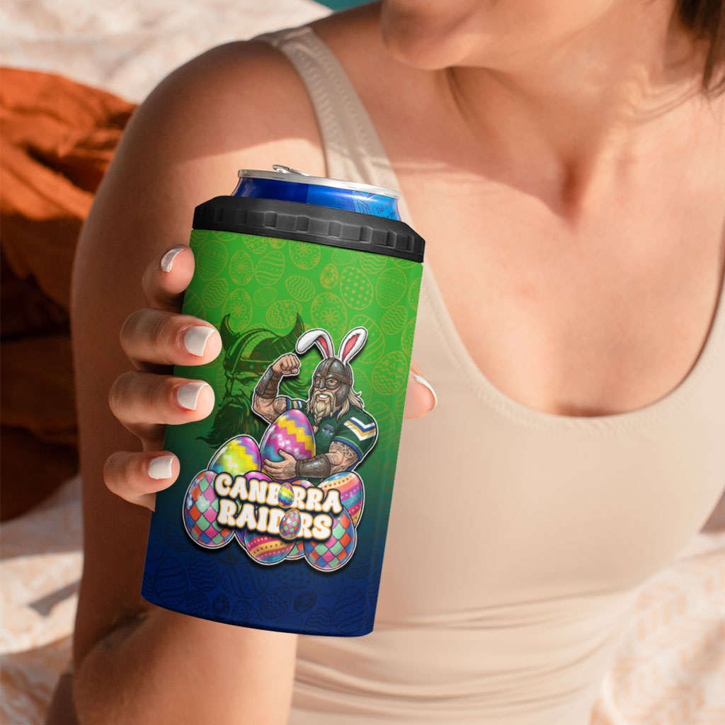 Personalized Canberra Raiders 4 in 1 Can Cooler Tumbler Easter Mascot - Colorful Eggs Cartoon Style