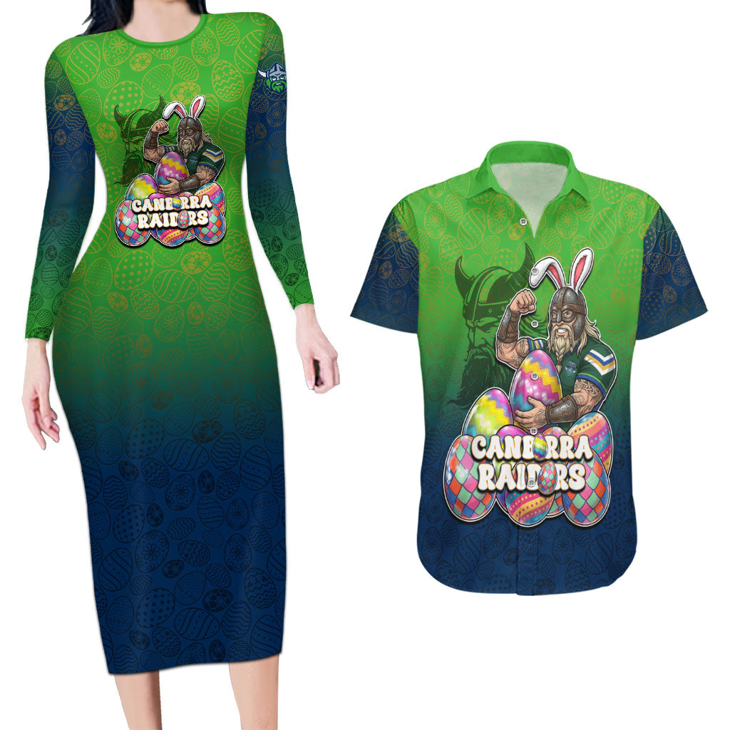 Personalized Canberra Raiders Couples Matching Long Sleeve Bodycon Dress and Hawaiian Shirt Easter Mascot - Colorful Eggs Cartoon Style