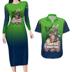Personalized Canberra Raiders Couples Matching Long Sleeve Bodycon Dress and Hawaiian Shirt Easter Mascot - Colorful Eggs Cartoon Style