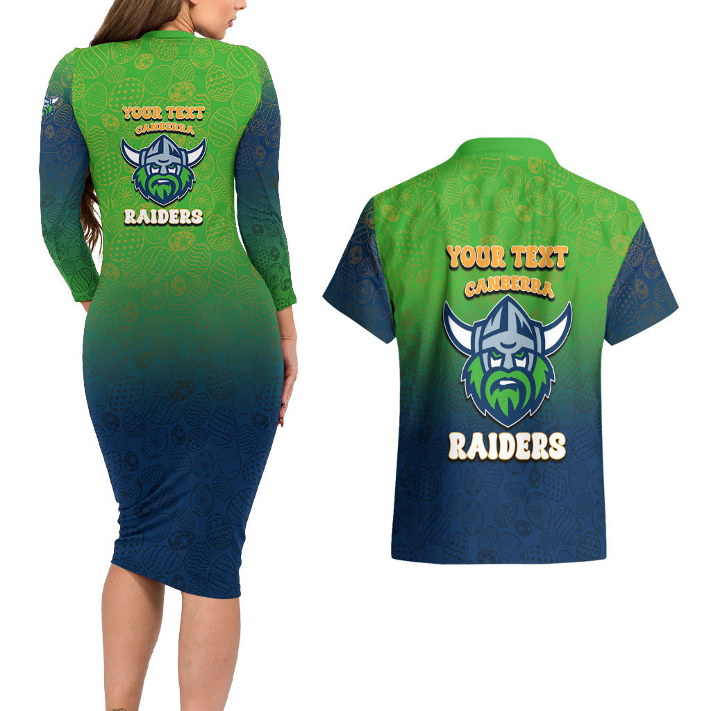 Personalized Canberra Raiders Couples Matching Long Sleeve Bodycon Dress and Hawaiian Shirt Easter Mascot - Colorful Eggs Cartoon Style