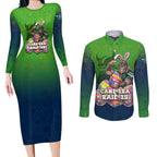 Personalized Canberra Raiders Couples Matching Long Sleeve Bodycon Dress and Long Sleeve Button Shirt Easter Mascot - Colorful Eggs Cartoon Style