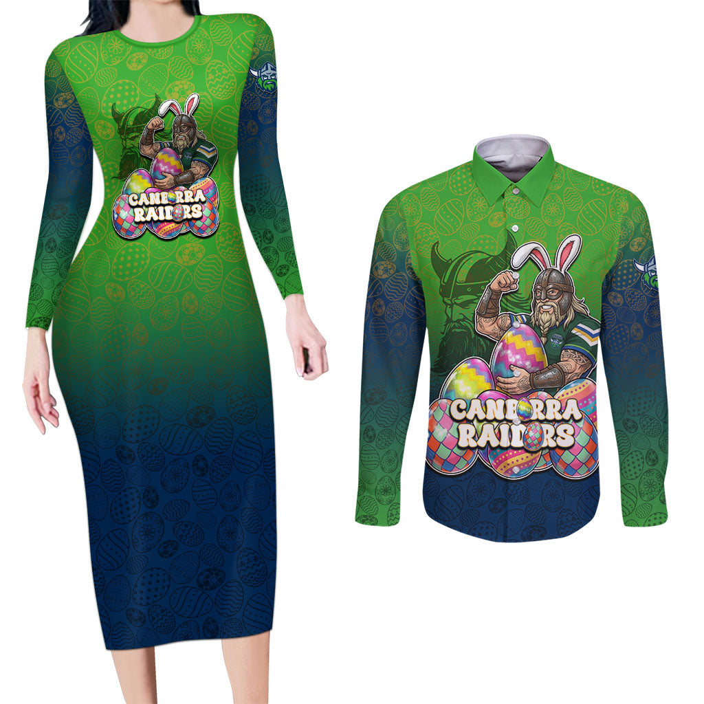 Personalized Canberra Raiders Couples Matching Long Sleeve Bodycon Dress and Long Sleeve Button Shirt Easter Mascot - Colorful Eggs Cartoon Style