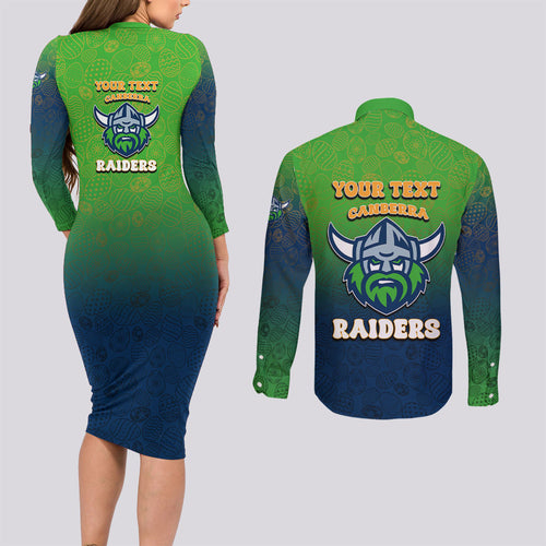 Personalized Canberra Raiders Couples Matching Long Sleeve Bodycon Dress and Long Sleeve Button Shirt Easter Mascot - Colorful Eggs Cartoon Style