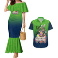 Personalized Canberra Raiders Couples Matching Mermaid Dress and Hawaiian Shirt Easter Mascot - Colorful Eggs Cartoon Style