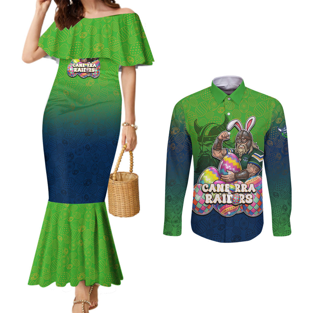 Personalized Canberra Raiders Couples Matching Mermaid Dress and Long Sleeve Button Shirt Easter Mascot - Colorful Eggs Cartoon Style