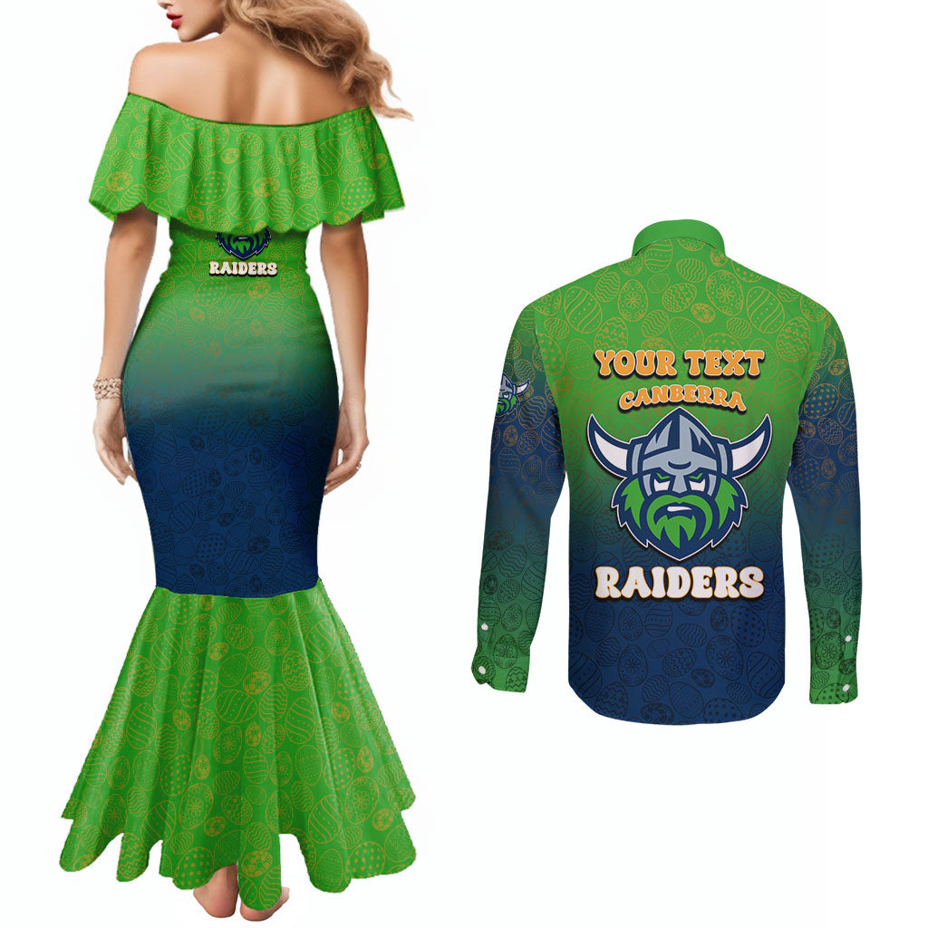 Personalized Canberra Raiders Couples Matching Mermaid Dress and Long Sleeve Button Shirt Easter Mascot - Colorful Eggs Cartoon Style
