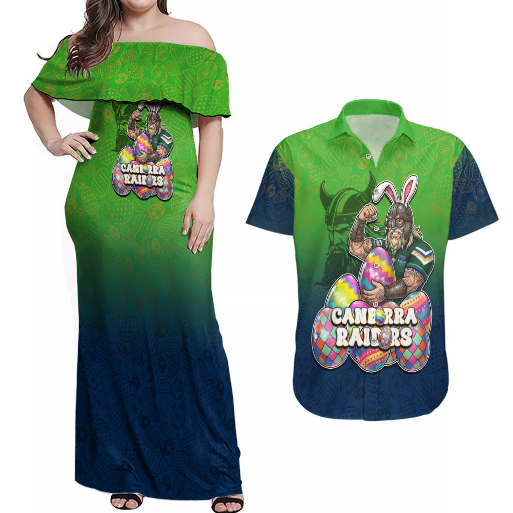 Personalized Canberra Raiders Couples Matching Off Shoulder Maxi Dress and Hawaiian Shirt Easter Mascot - Colorful Eggs Cartoon Style