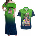 Personalized Canberra Raiders Couples Matching Off Shoulder Maxi Dress and Hawaiian Shirt Easter Mascot - Colorful Eggs Cartoon Style