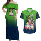 Personalized Canberra Raiders Couples Matching Off Shoulder Maxi Dress and Hawaiian Shirt Easter Mascot - Colorful Eggs Cartoon Style