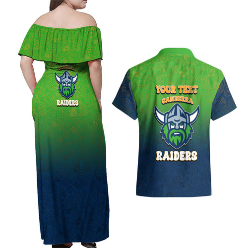 Personalized Canberra Raiders Couples Matching Off Shoulder Maxi Dress and Hawaiian Shirt Easter Mascot - Colorful Eggs Cartoon Style