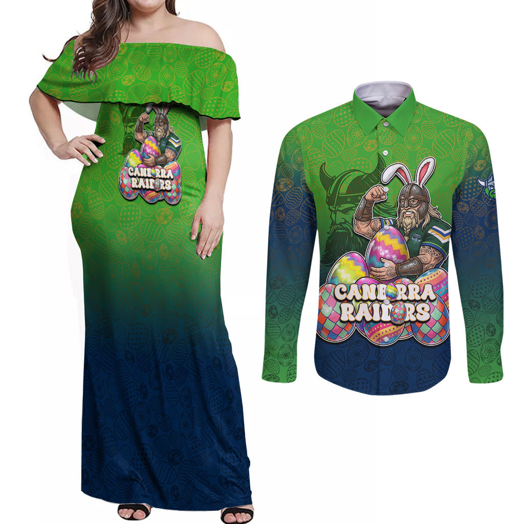 Personalized Canberra Raiders Couples Matching Off Shoulder Maxi Dress and Long Sleeve Button Shirt Easter Mascot - Colorful Eggs Cartoon Style