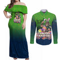 Personalized Canberra Raiders Couples Matching Off Shoulder Maxi Dress and Long Sleeve Button Shirt Easter Mascot - Colorful Eggs Cartoon Style