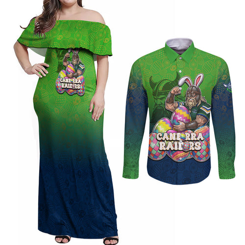 Personalized Canberra Raiders Couples Matching Off Shoulder Maxi Dress and Long Sleeve Button Shirt Easter Mascot - Colorful Eggs Cartoon Style