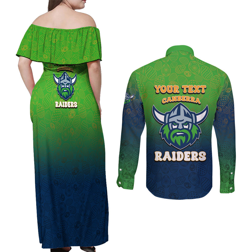 Personalized Canberra Raiders Couples Matching Off Shoulder Maxi Dress and Long Sleeve Button Shirt Easter Mascot - Colorful Eggs Cartoon Style