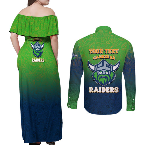 Personalized Canberra Raiders Couples Matching Off Shoulder Maxi Dress and Long Sleeve Button Shirt Easter Mascot - Colorful Eggs Cartoon Style