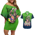 Personalized Canberra Raiders Couples Matching Off Shoulder Short Dress and Hawaiian Shirt Easter Mascot - Colorful Eggs Cartoon Style