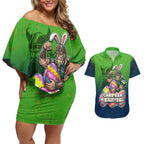 Personalized Canberra Raiders Couples Matching Off Shoulder Short Dress and Hawaiian Shirt Easter Mascot - Colorful Eggs Cartoon Style