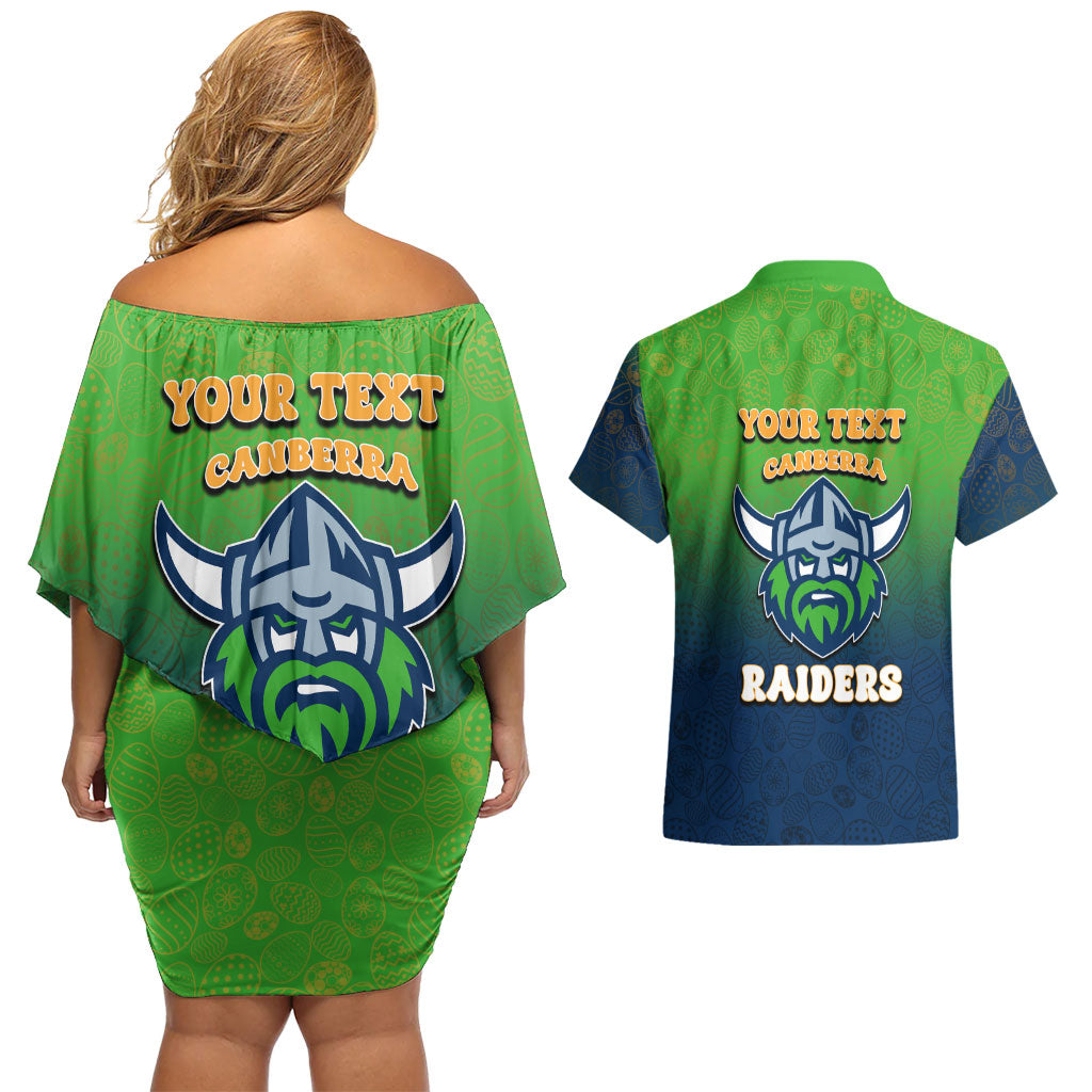 Personalized Canberra Raiders Couples Matching Off Shoulder Short Dress and Hawaiian Shirt Easter Mascot - Colorful Eggs Cartoon Style