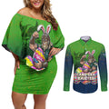 Personalized Canberra Raiders Couples Matching Off Shoulder Short Dress and Long Sleeve Button Shirt Easter Mascot - Colorful Eggs Cartoon Style
