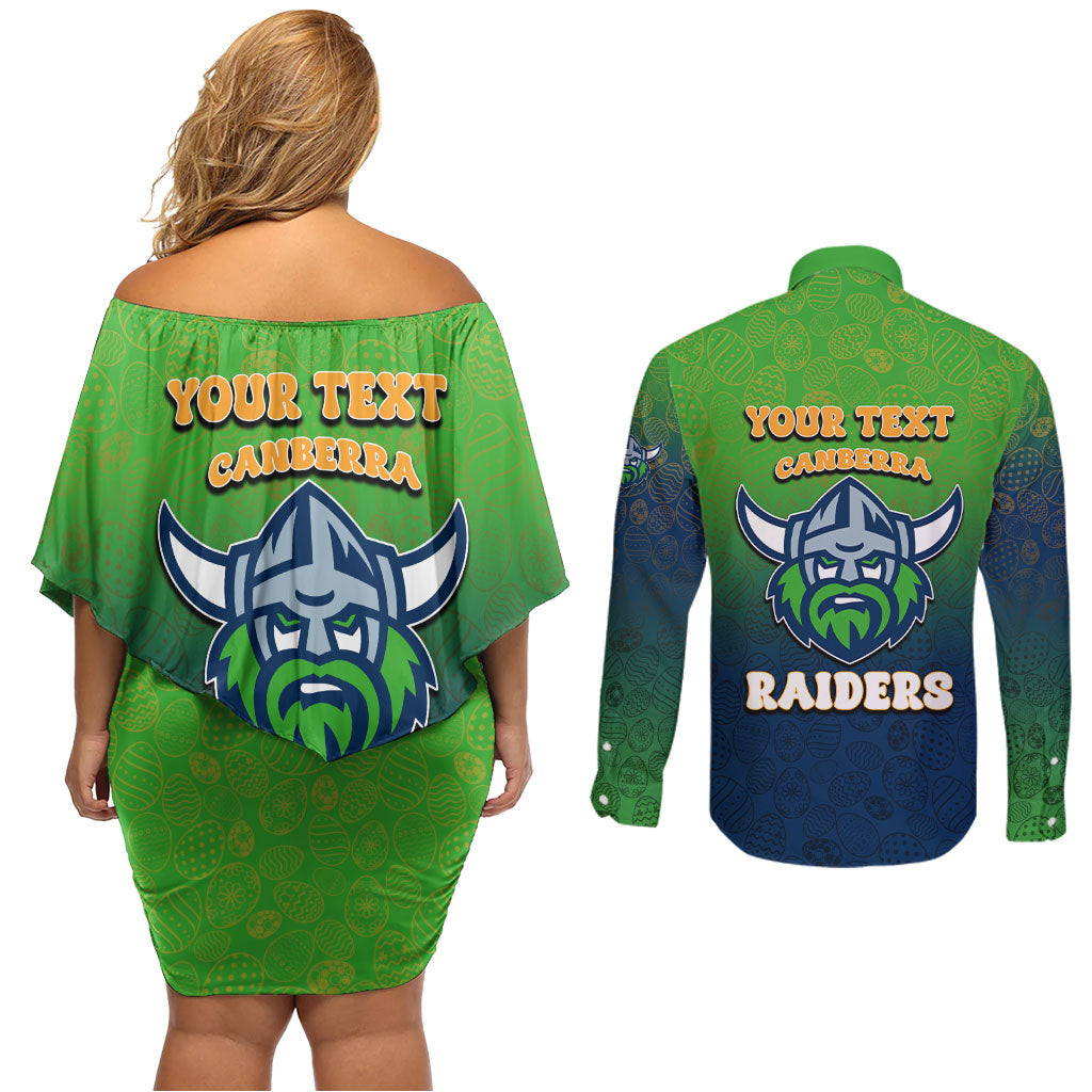 Personalized Canberra Raiders Couples Matching Off Shoulder Short Dress and Long Sleeve Button Shirt Easter Mascot - Colorful Eggs Cartoon Style