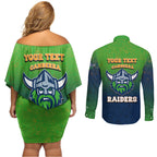 Personalized Canberra Raiders Couples Matching Off Shoulder Short Dress and Long Sleeve Button Shirt Easter Mascot - Colorful Eggs Cartoon Style