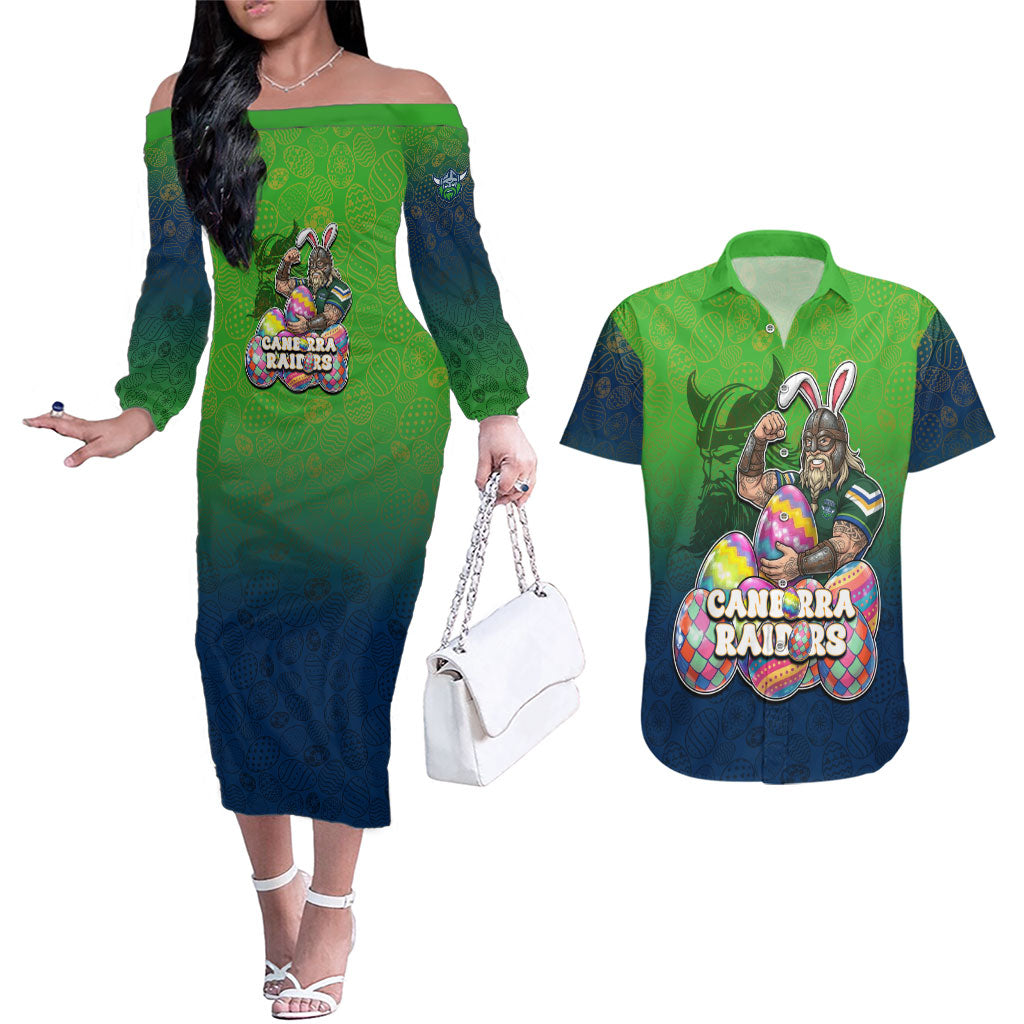 Personalized Canberra Raiders Couples Matching Off The Shoulder Long Sleeve Dress and Hawaiian Shirt Easter Mascot - Colorful Eggs Cartoon Style