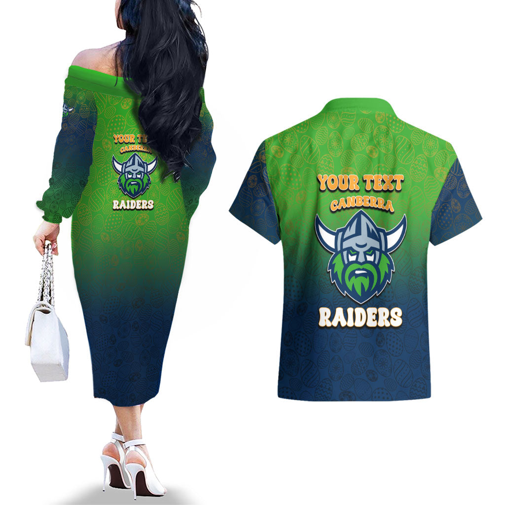 Personalized Canberra Raiders Couples Matching Off The Shoulder Long Sleeve Dress and Hawaiian Shirt Easter Mascot - Colorful Eggs Cartoon Style