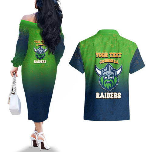 Personalized Canberra Raiders Couples Matching Off The Shoulder Long Sleeve Dress and Hawaiian Shirt Easter Mascot - Colorful Eggs Cartoon Style