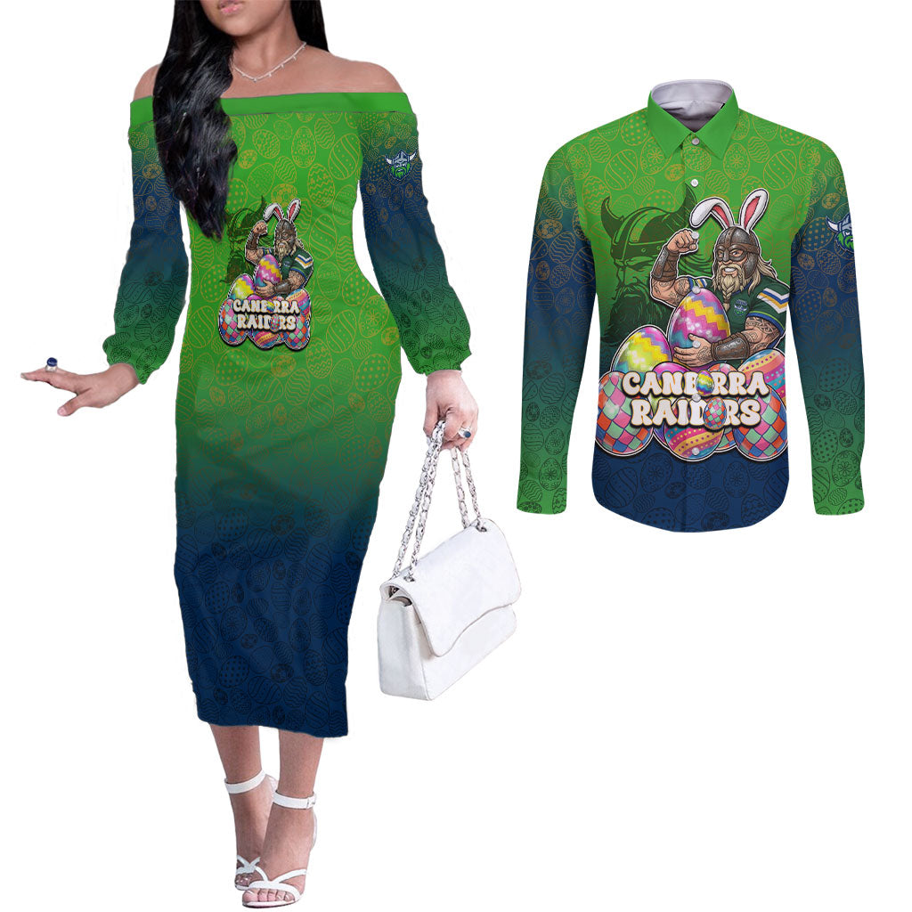 Personalized Canberra Raiders Couples Matching Off The Shoulder Long Sleeve Dress and Long Sleeve Button Shirt Easter Mascot - Colorful Eggs Cartoon Style