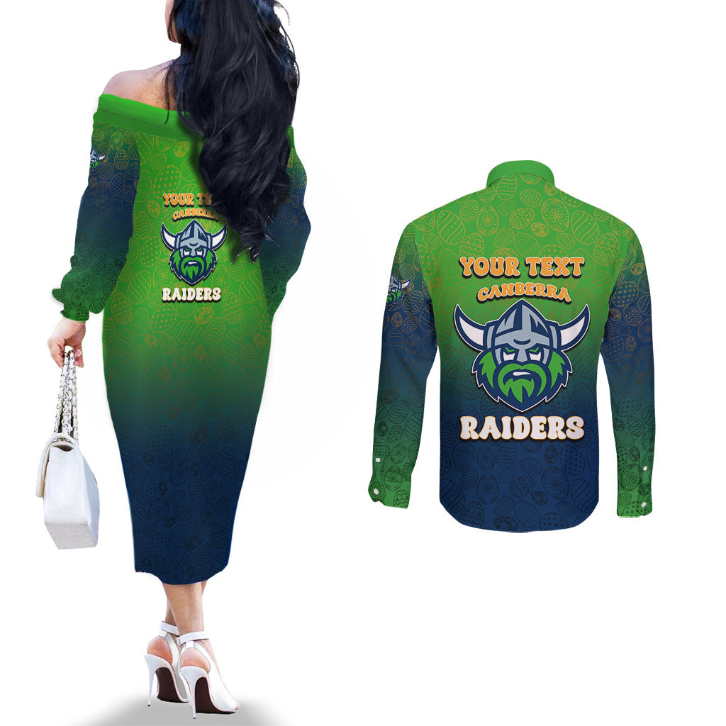 Personalized Canberra Raiders Couples Matching Off The Shoulder Long Sleeve Dress and Long Sleeve Button Shirt Easter Mascot - Colorful Eggs Cartoon Style