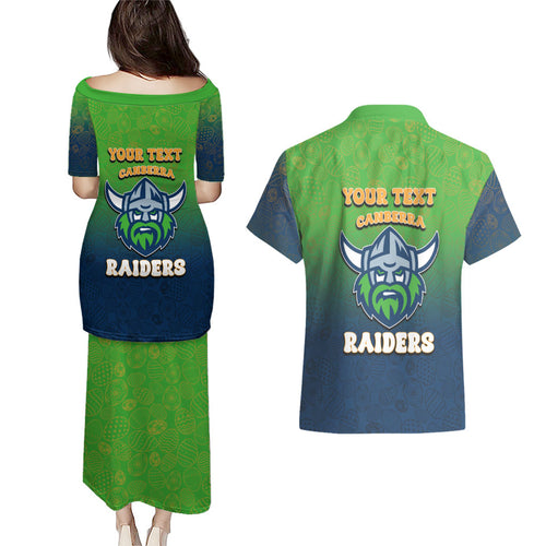 Personalized Canberra Raiders Couples Matching Puletasi and Hawaiian Shirt Easter Mascot - Colorful Eggs Cartoon Style