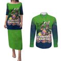 Personalized Canberra Raiders Couples Matching Puletasi and Long Sleeve Button Shirt Easter Mascot - Colorful Eggs Cartoon Style