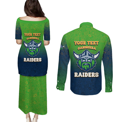Personalized Canberra Raiders Couples Matching Puletasi and Long Sleeve Button Shirt Easter Mascot - Colorful Eggs Cartoon Style