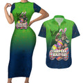 Personalized Canberra Raiders Couples Matching Short Sleeve Bodycon Dress and Hawaiian Shirt Easter Mascot - Colorful Eggs Cartoon Style