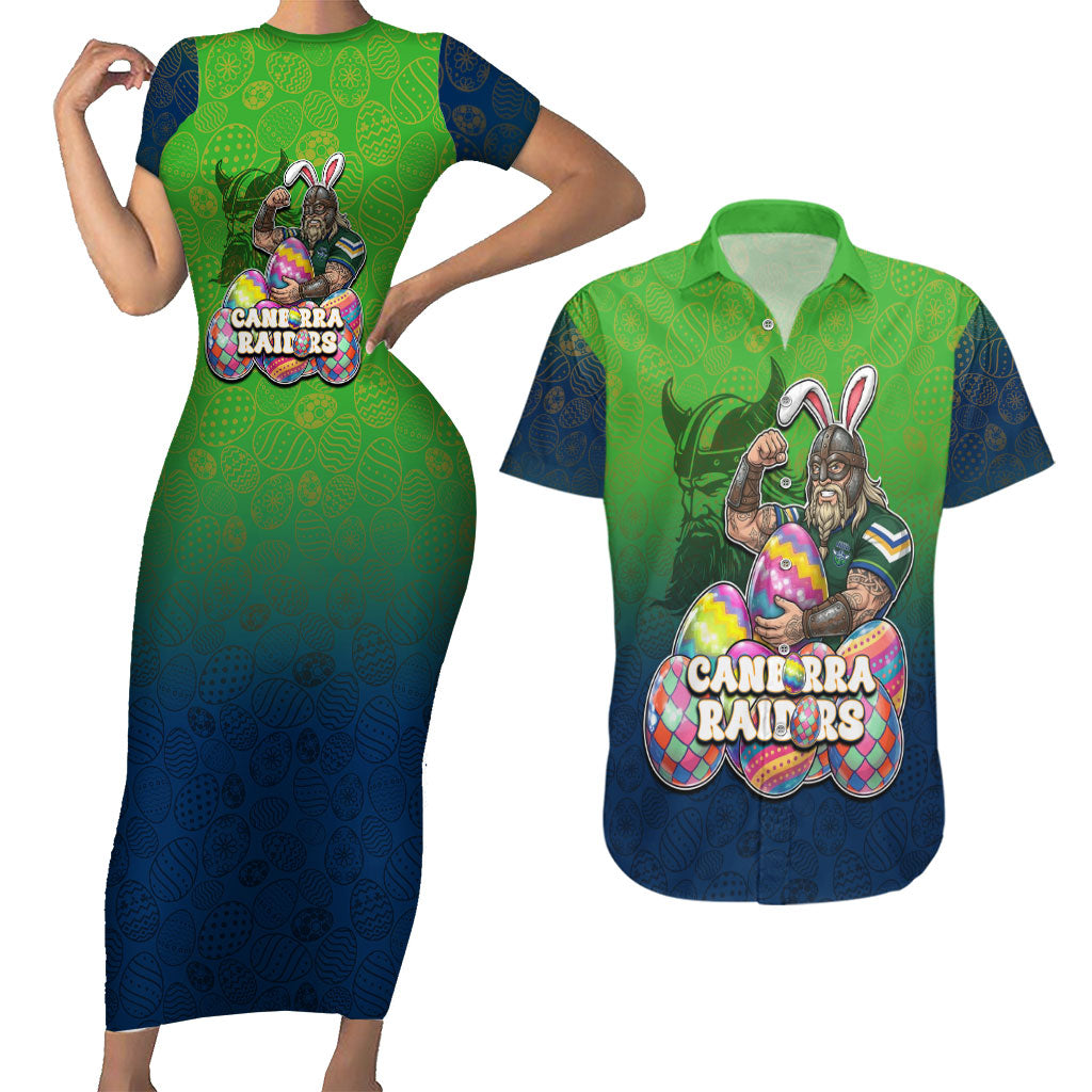 Personalized Canberra Raiders Couples Matching Short Sleeve Bodycon Dress and Hawaiian Shirt Easter Mascot - Colorful Eggs Cartoon Style