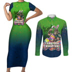 Personalized Canberra Raiders Couples Matching Short Sleeve Bodycon Dress and Long Sleeve Button Shirt Easter Mascot - Colorful Eggs Cartoon Style