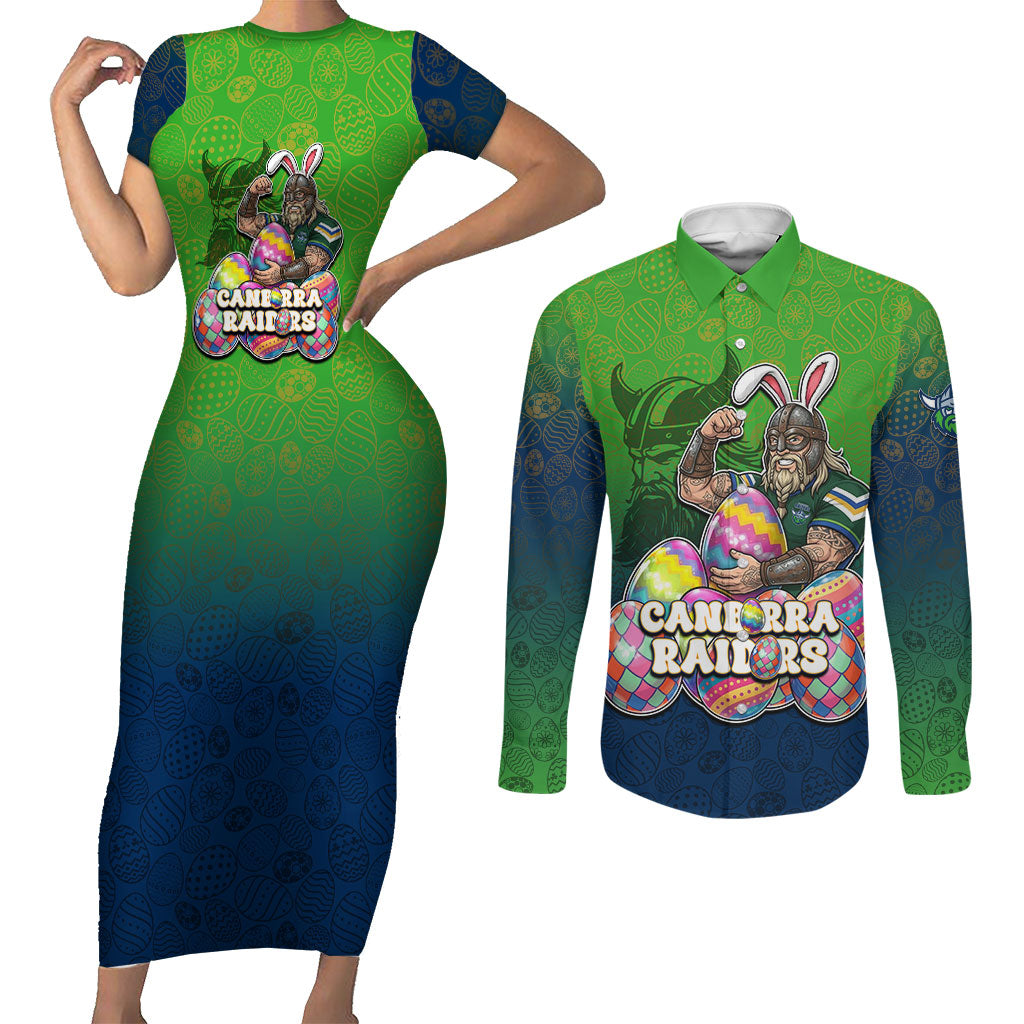 Personalized Canberra Raiders Couples Matching Short Sleeve Bodycon Dress and Long Sleeve Button Shirt Easter Mascot - Colorful Eggs Cartoon Style