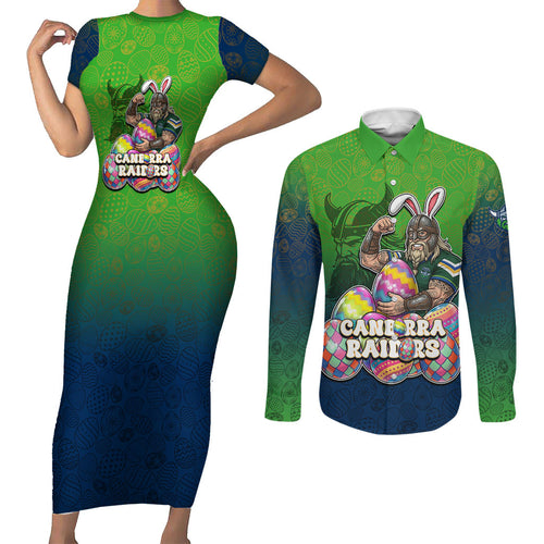 Personalized Canberra Raiders Couples Matching Short Sleeve Bodycon Dress and Long Sleeve Button Shirt Easter Mascot - Colorful Eggs Cartoon Style