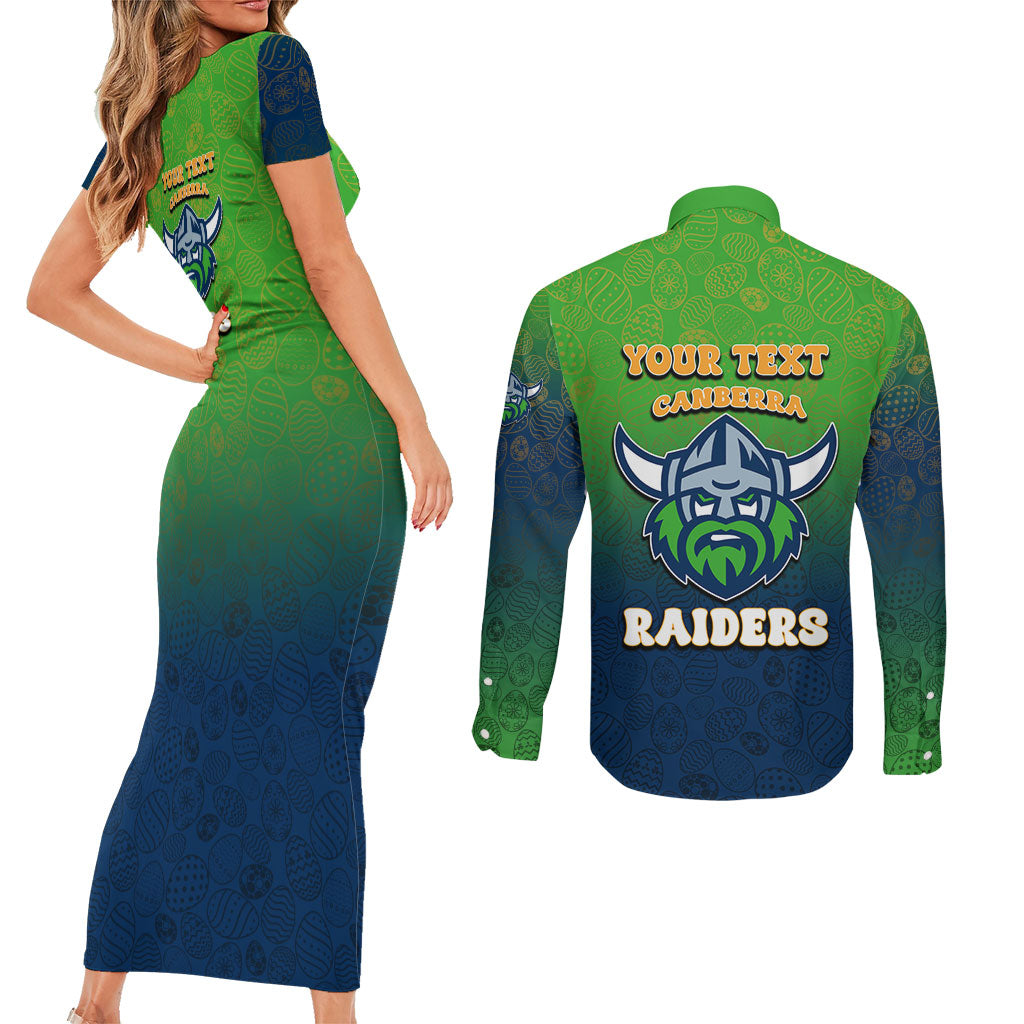 Personalized Canberra Raiders Couples Matching Short Sleeve Bodycon Dress and Long Sleeve Button Shirt Easter Mascot - Colorful Eggs Cartoon Style