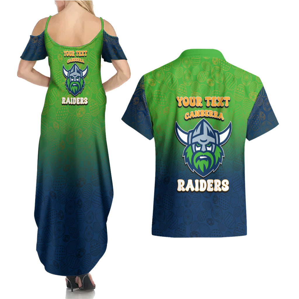 Personalized Canberra Raiders Couples Matching Summer Maxi Dress and Hawaiian Shirt Easter Mascot - Colorful Eggs Cartoon Style
