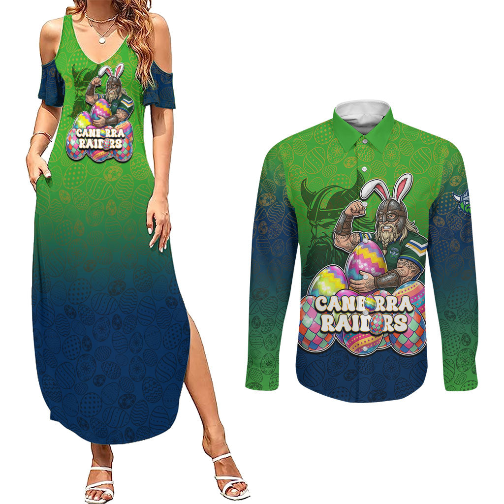 Personalized Canberra Raiders Couples Matching Summer Maxi Dress and Long Sleeve Button Shirt Easter Mascot - Colorful Eggs Cartoon Style