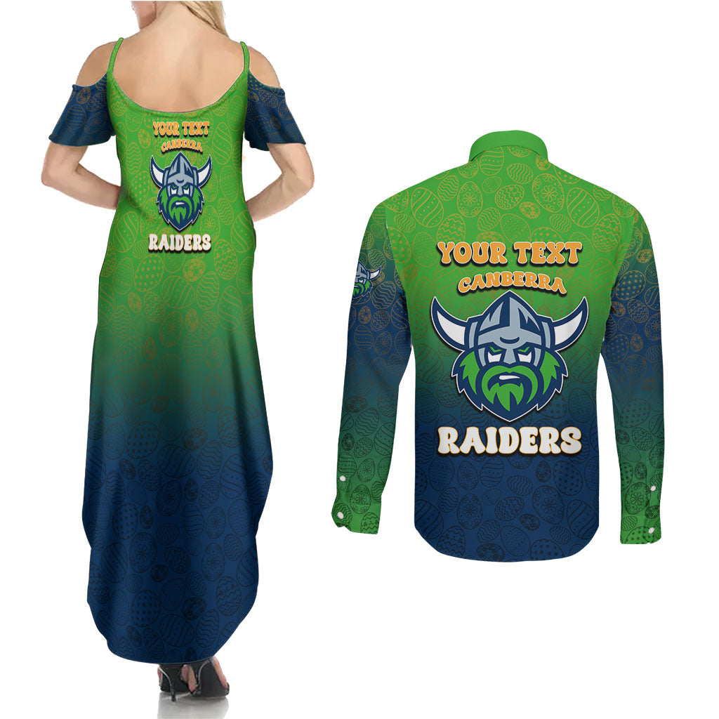 Personalized Canberra Raiders Couples Matching Summer Maxi Dress and Long Sleeve Button Shirt Easter Mascot - Colorful Eggs Cartoon Style