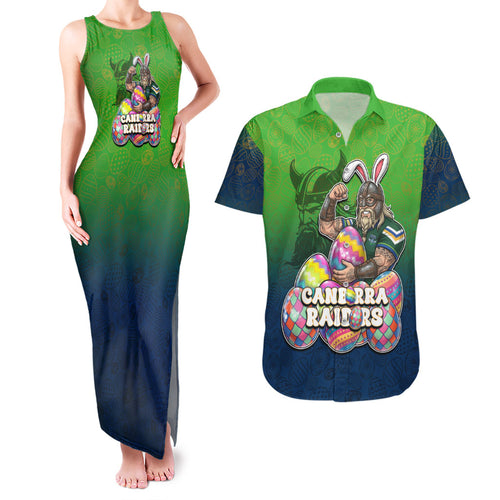 Personalized Canberra Raiders Couples Matching Tank Maxi Dress and Hawaiian Shirt Easter Mascot - Colorful Eggs Cartoon Style