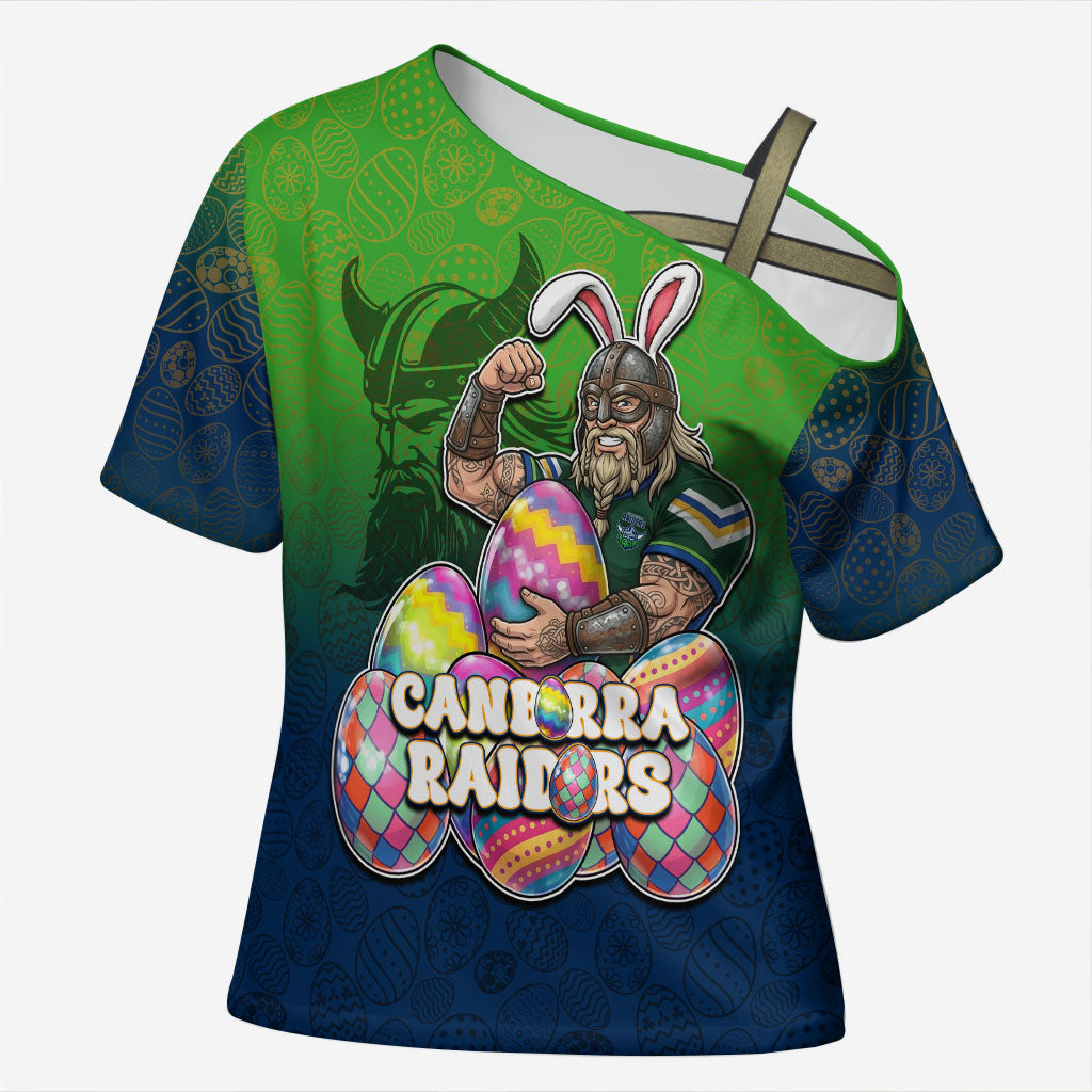 Personalized Canberra Raiders Cross Shoulder Shirt Easter Mascot - Colorful Eggs Cartoon Style