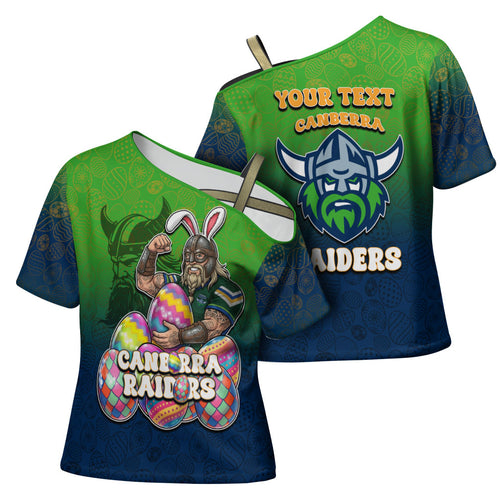 Personalized Canberra Raiders Cross Shoulder Shirt Easter Mascot - Colorful Eggs Cartoon Style