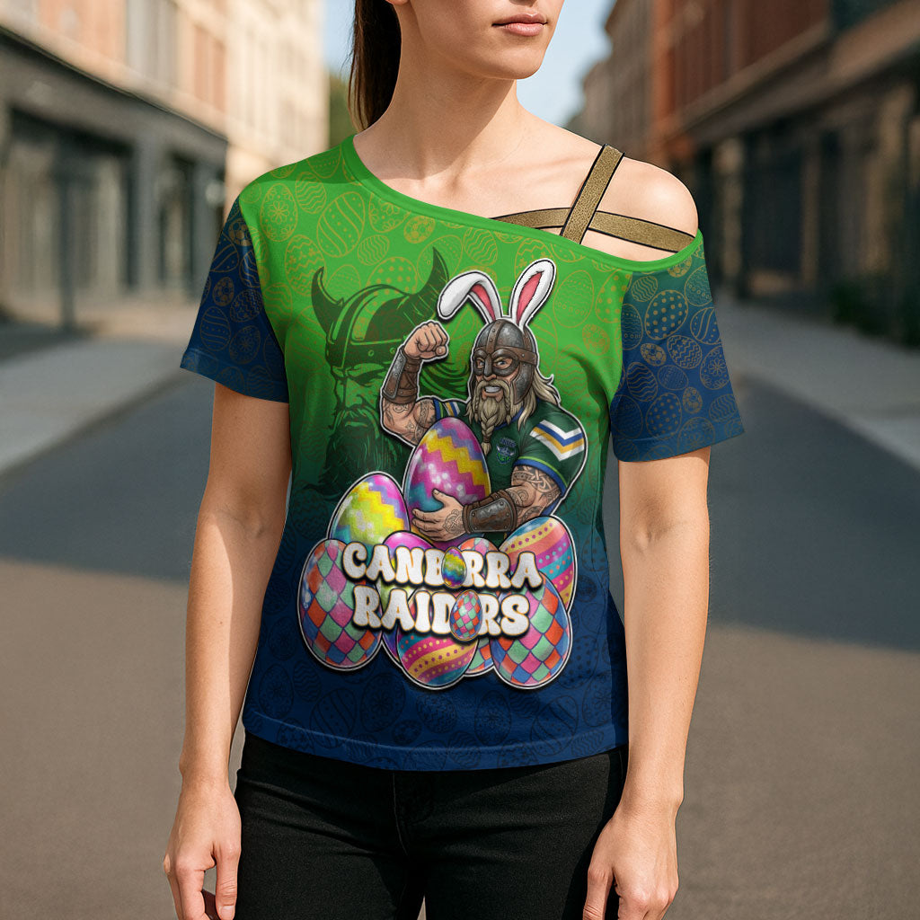 Personalized Canberra Raiders Cross Shoulder Shirt Easter Mascot - Colorful Eggs Cartoon Style