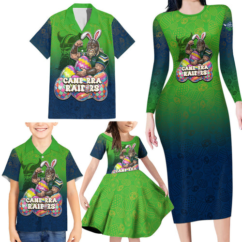 Personalized Canberra Raiders Family Matching Long Sleeve Bodycon Dress and Hawaiian Shirt Easter Mascot - Colorful Eggs Cartoon Style